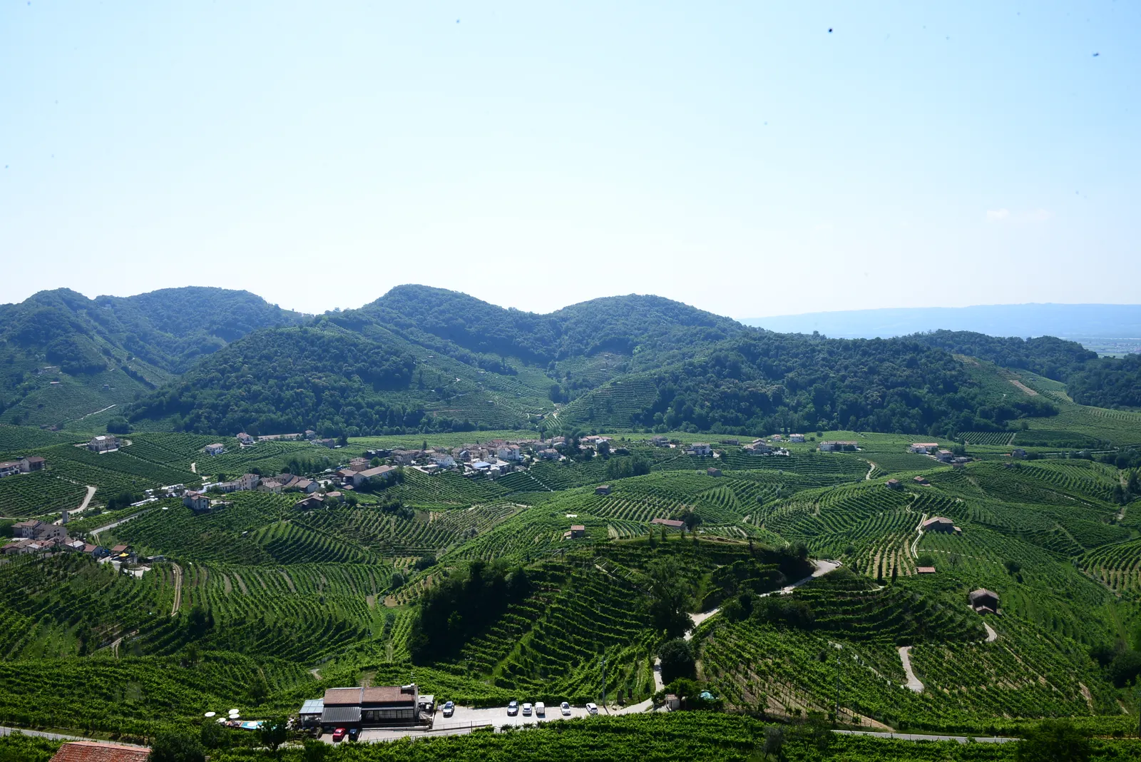 The Cartizze hill vineyards above Valdobbiadene, seen from above